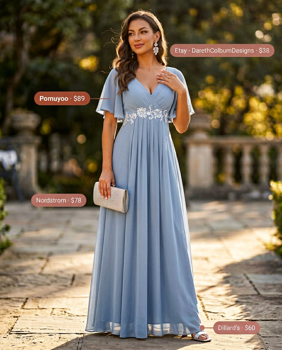 Pink pastel summer outfits for women 2026: Powder blue maxi dress, silver sandals & clutch for weddings.