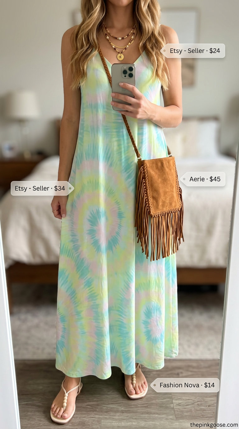 Pink pastel summer outfits for women 2026: Flowy pastel tie-dye maxi dress, fringe bag, and embellished sandals.
