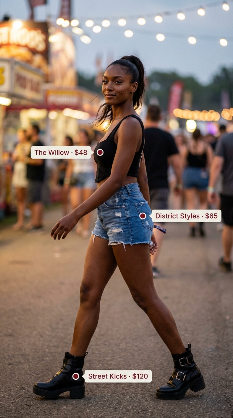 Edgy Downtown Summer Crop Top 2026 Edgy black and distressed denim summer crop top outfit for women 2026, ideal for a festival or concert, featuring a faux leather bandeau crop top, distressed shorts, and chunky combat boots.