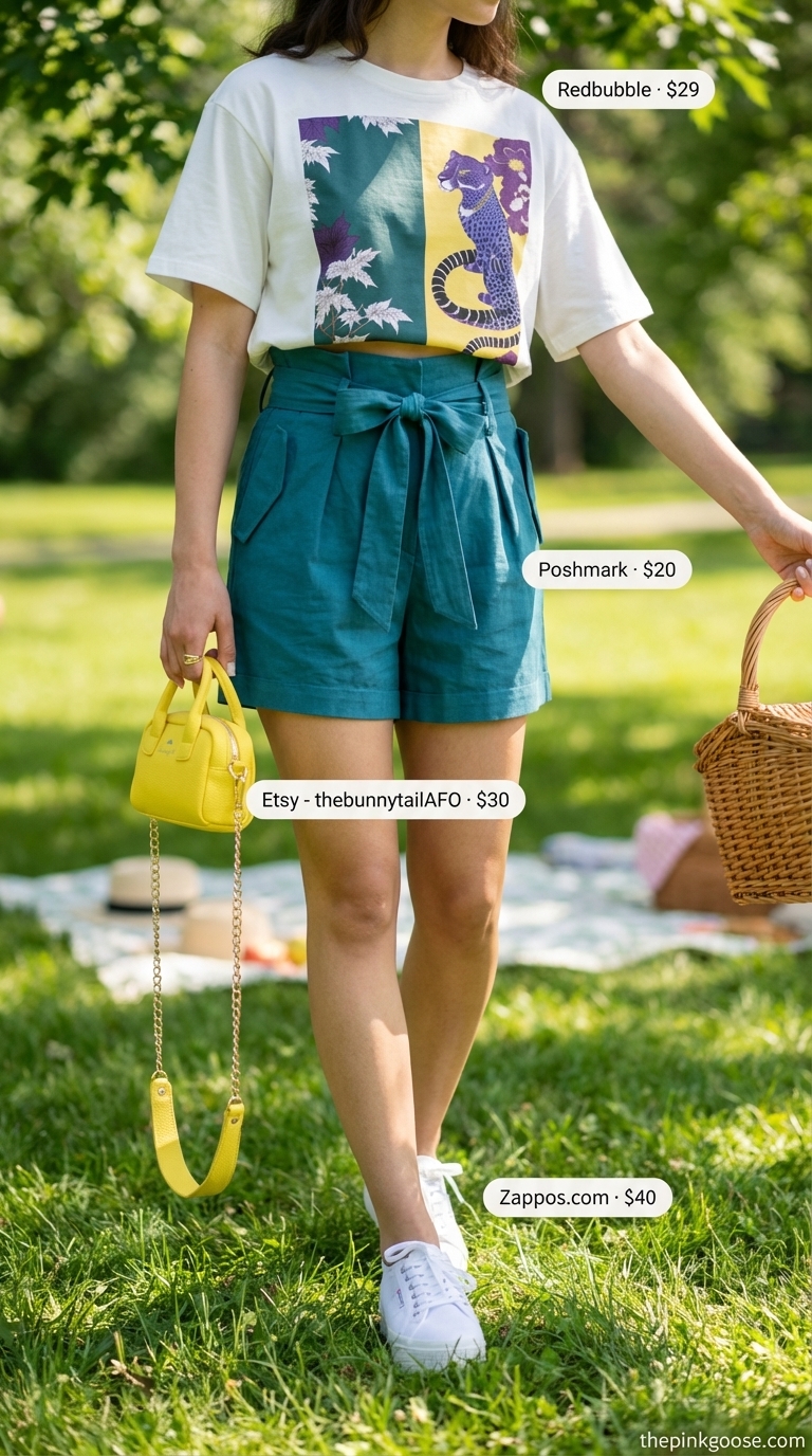 Pop Art Summer Crop Top Picnic 2026 A vibrant playful pop art summer crop top outfit for women 2026, with a graphic print crop top, teal shorts, platform sneakers, and a yellow mini crossbody bag, for a casual gathering.