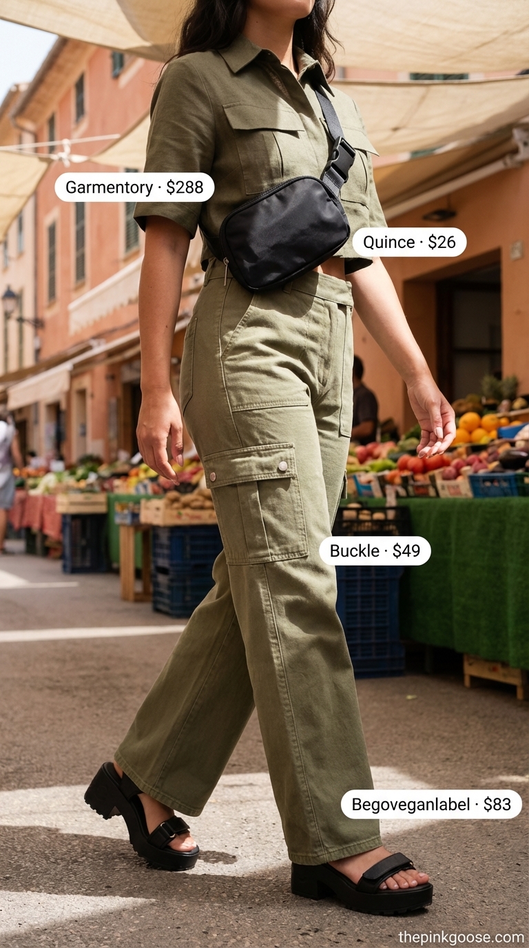 Safari Adventure Summer Crop Top Style 2026 An adventurous khaki cargo summer crop top outfit for women 2026, featuring a utility crop top, black belt bag, and matching wide-leg cargo pants, great for city exploration.