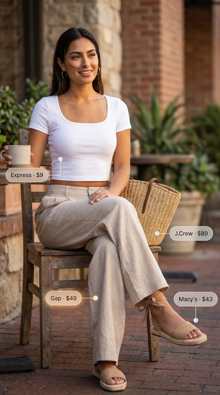 Riviera Brunch Crop Top Look 2026 Relaxed white and beige linen summer crop top outfit for women 2026, featuring a ribbed knit crop top, wide-leg linen trousers, and espadrille sandals, ideal for resort wear.