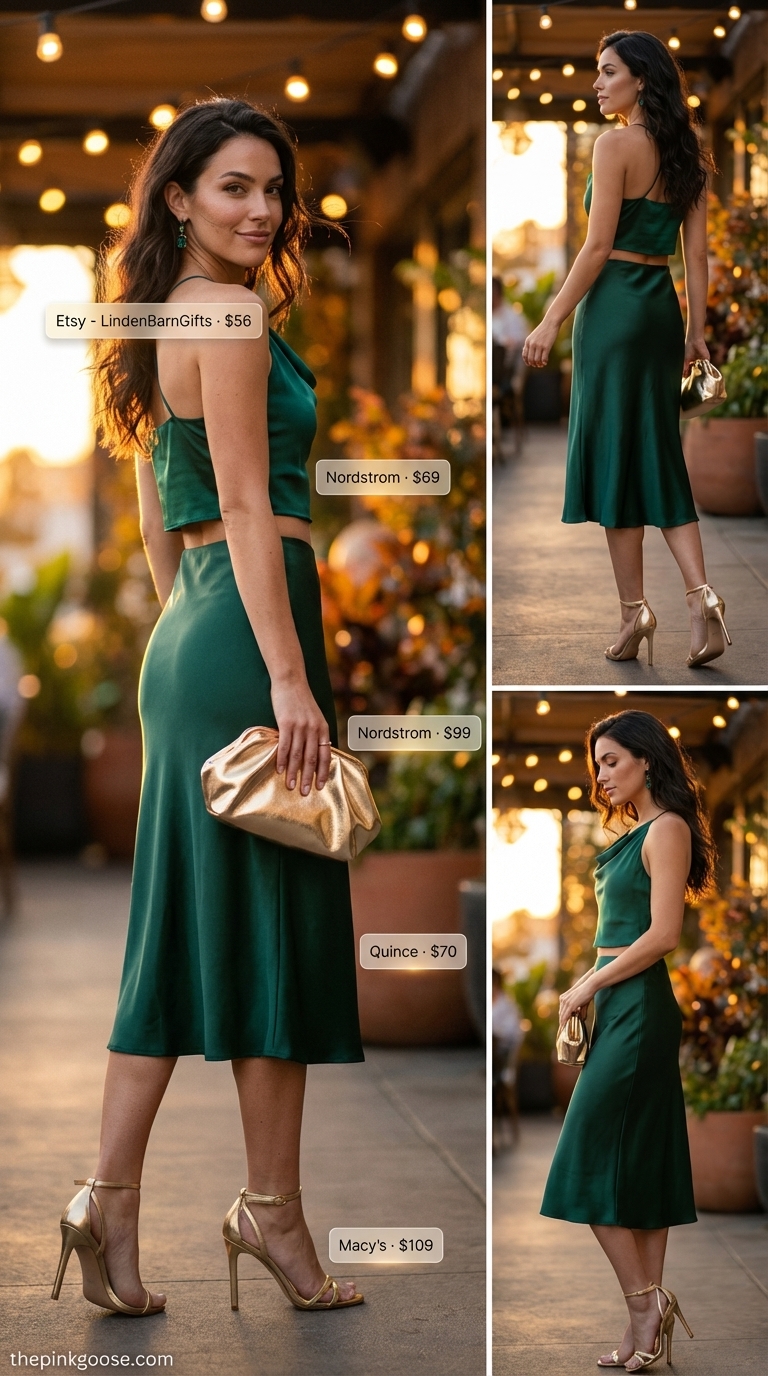 Romantic Emerald Crop Top Outfit 2026 Elegant emerald green summer crop top outfit for women 2026, with a satin cowl neck crop top, bias-cut midi skirt, and gold stiletto sandals, perfect for a romantic evening.