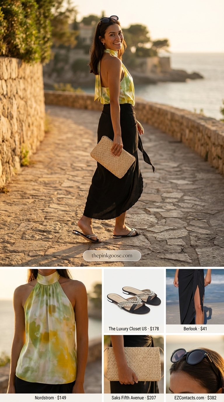 Poolside Glamour Summer Crop Top Attire 2026 A glamorous poolside summer crop top outfit for women 2026, featuring a tropical print silk bandeau crop top, black sarong skirt, embellished slide sandals, and oversized sunglasses.