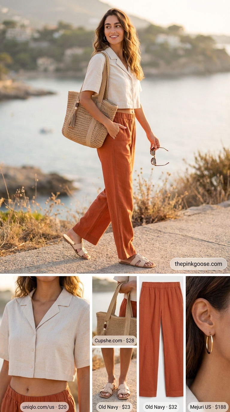 Coastal Vacation Crop Top Style 2026 Relaxed terracotta and cream linen summer crop top outfit for women 2026, featuring a linen button-front crop top, wide-leg linen pants, and a straw tote, ideal for a coastal vacation.