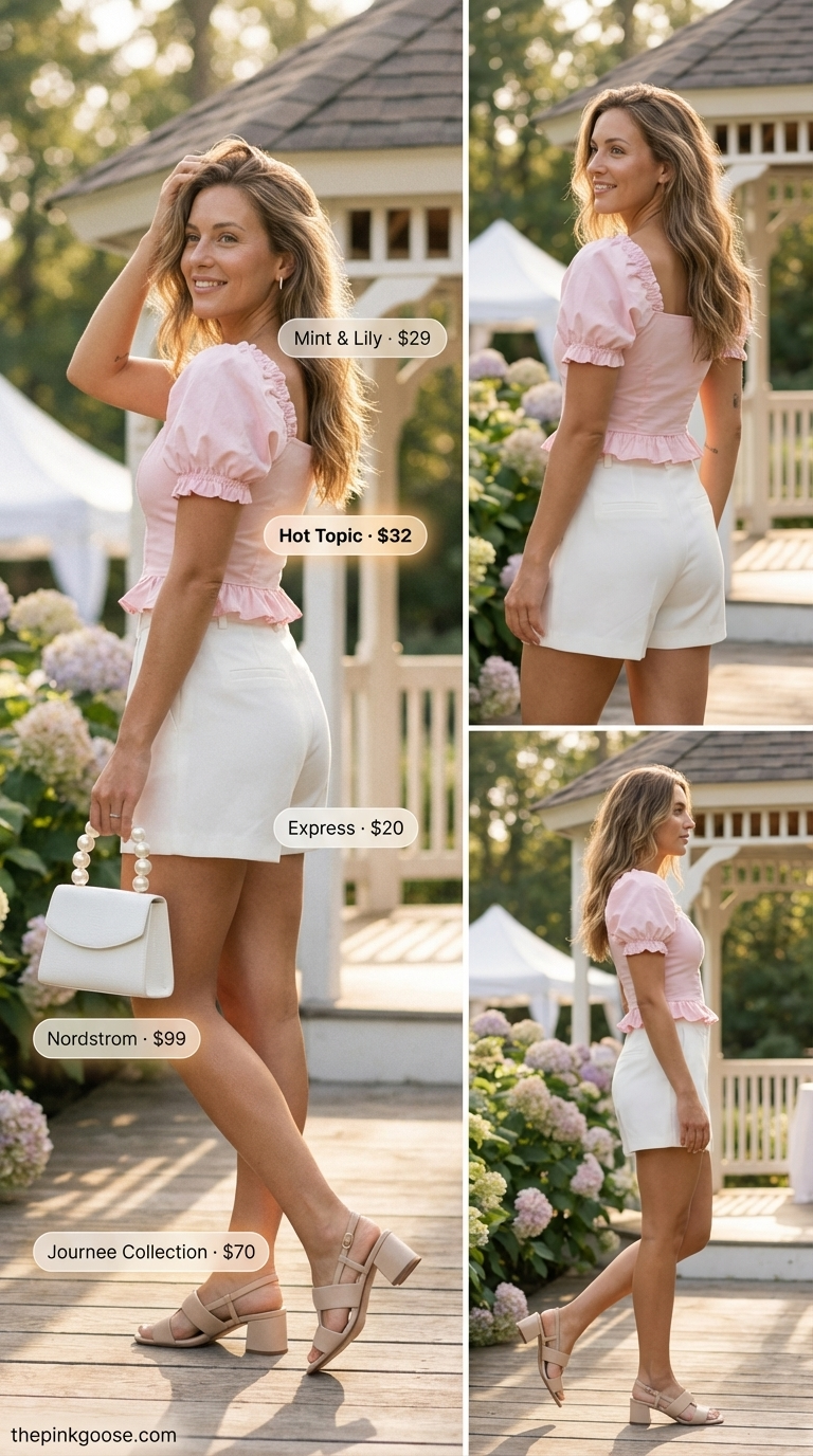 Chic Garden Party Summer Crop Top 2026 An elegant garden party summer crop top outfit for women 2026, featuring a soft pink puff-sleeve crop top, white tailored shorts, nude block heels, and a pearl-embellished bag.