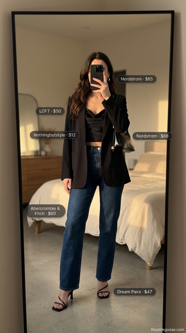 Chic Black Summer Crop Top Outfit 2026 Chic black and dark blue summer crop top outfit for women 2026, featuring a satin cowl neck crop top, high-waisted jeans, and a black blazer, perfect for date night or cocktails.