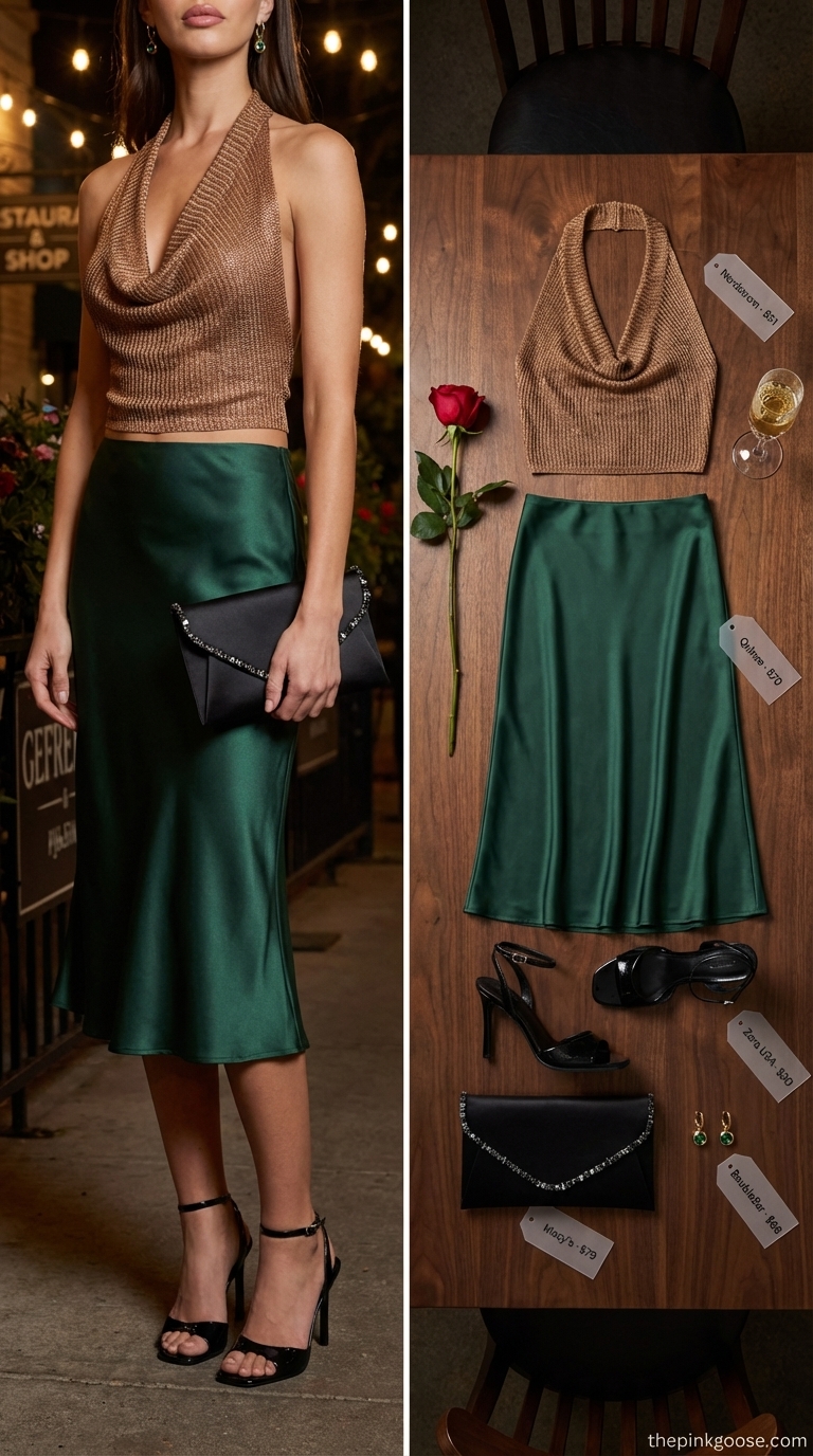 Golden Hour Summer Crop Top Glam 2026 A glamorous golden hour summer crop top outfit for women 2026, with a shimmering gold knit halter crop top, emerald satin midi skirt, and black strappy heels, for an evening out.