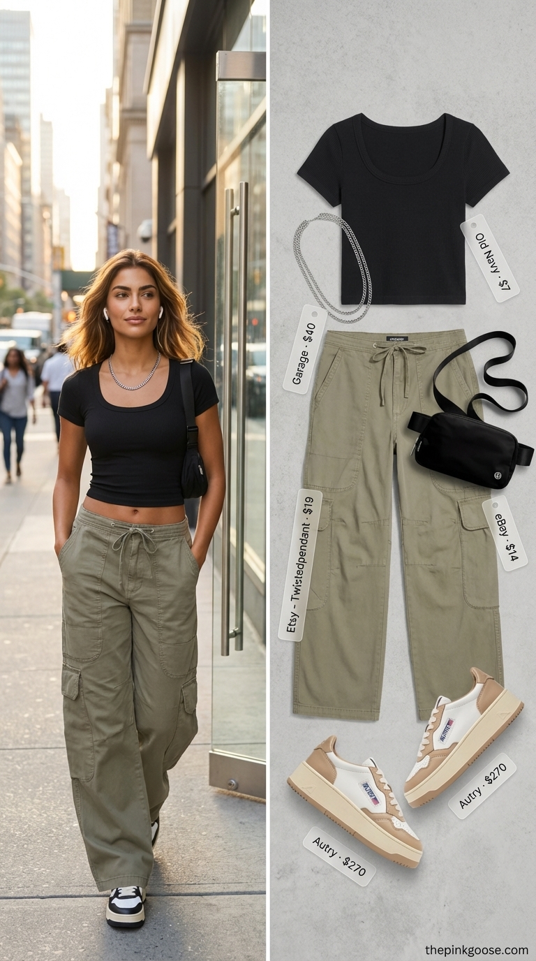 Effortless Street Style Crop Top 2026 Cool black and khaki green summer crop top outfit for women 2026, featuring a fitted ribbed crop top, utility cargo pants, platform sneakers, and a belt bag, for street style.