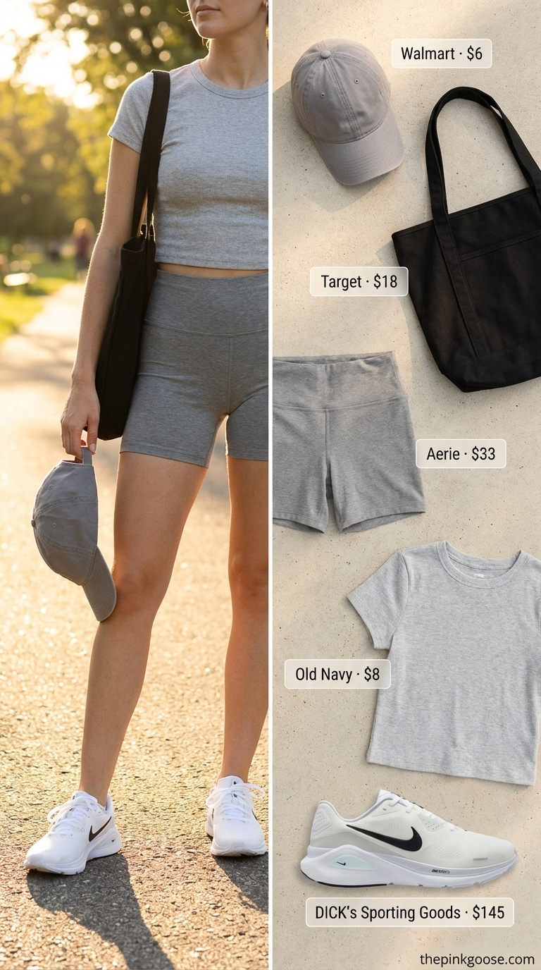 Sporty Chic Summer Crop Top Look 2026 Sporty grey and black summer crop top outfit for women 2026 with a heather grey crop top, black biker shorts, white athletic trainers, and a baseball cap for an active day.