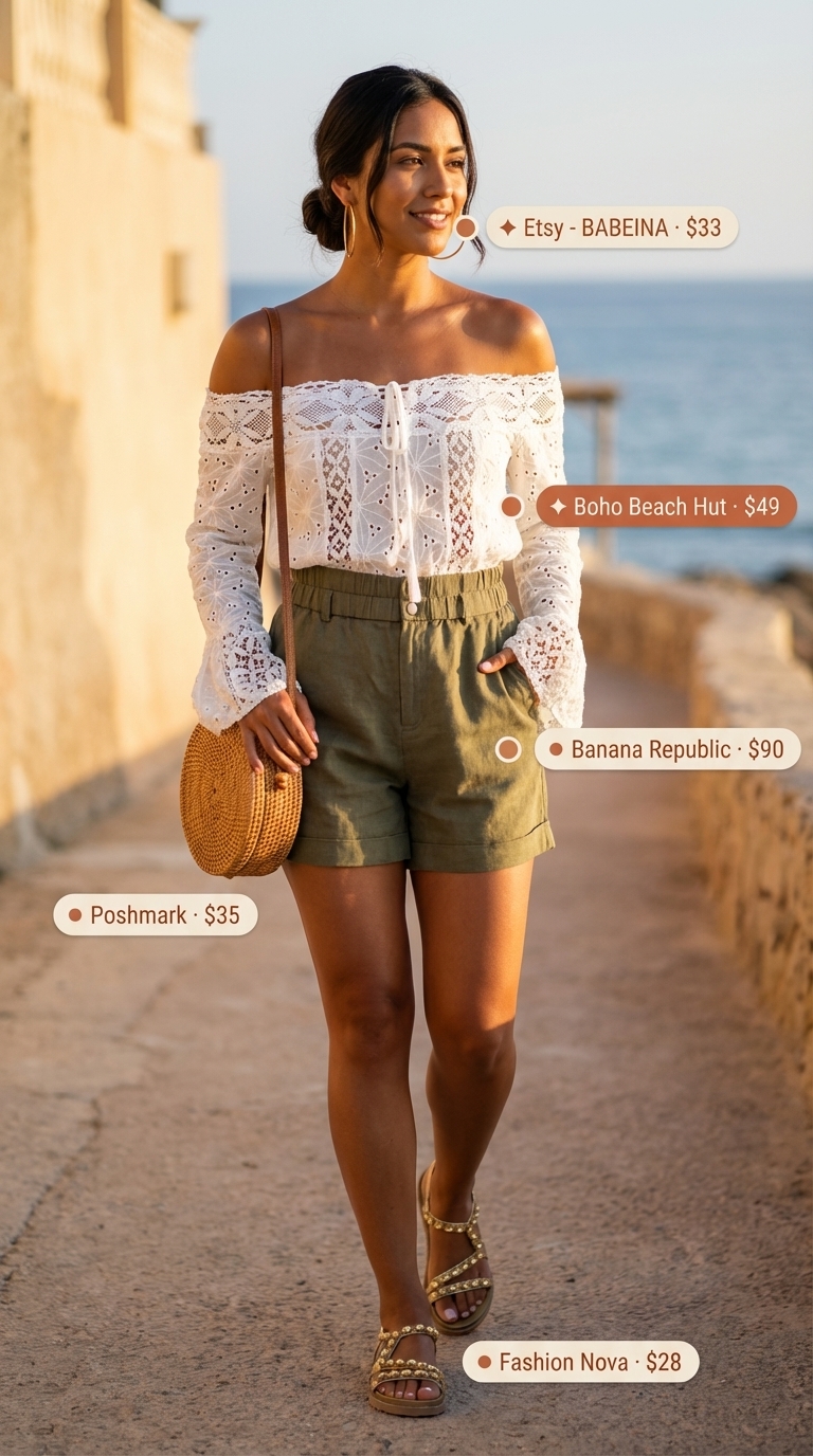 Bohemian off-shoulder embroidered tunic with olive linen shorts, gold hoops, and rattan bag for summer off-shoulder outfits for women 2026.