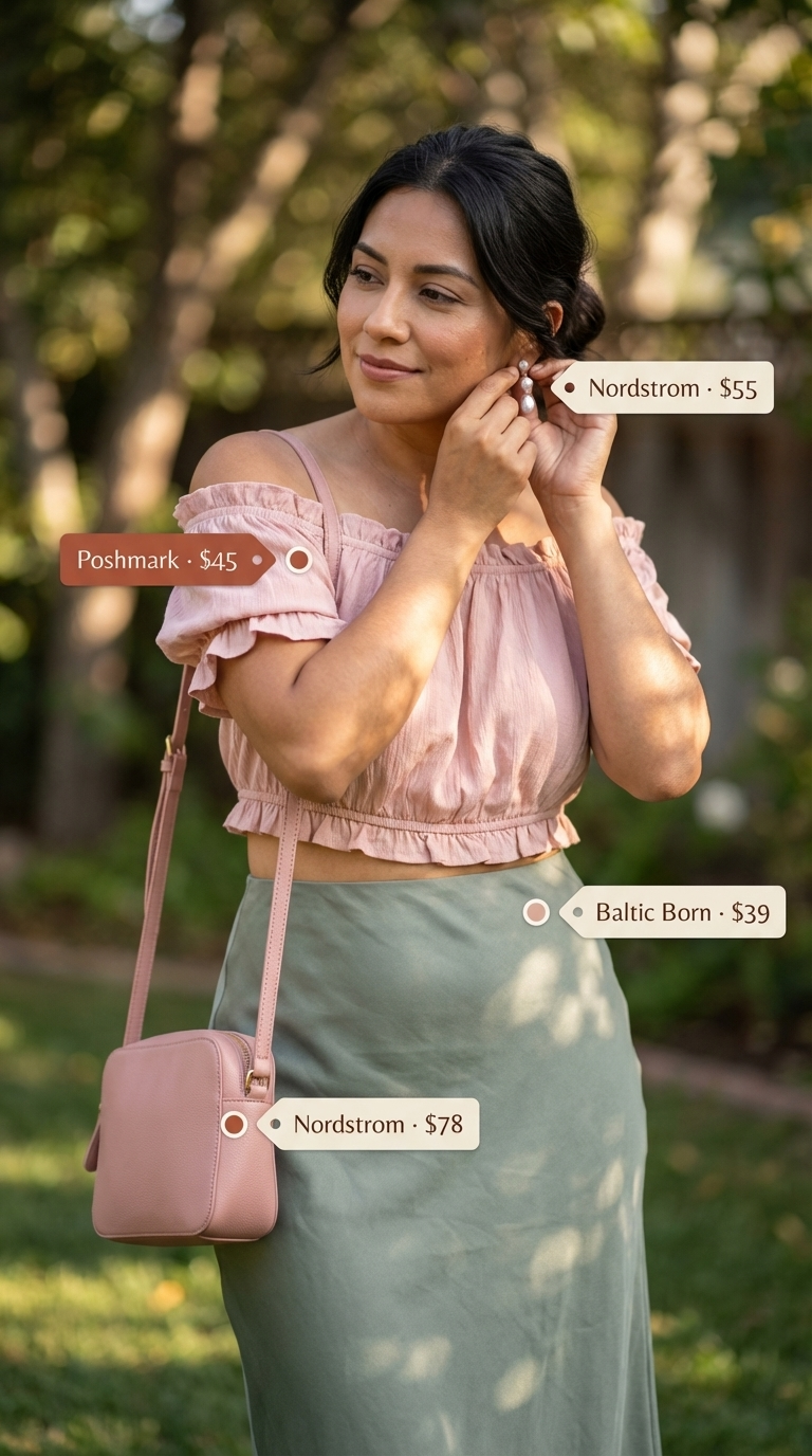 Romantic blush pink off-shoulder peasant blouse with sage green midi skirt, perfect for summer off-shoulder outfits for women 2026. Nude kitten heels and pearl earrings complete this elegant garden party look.