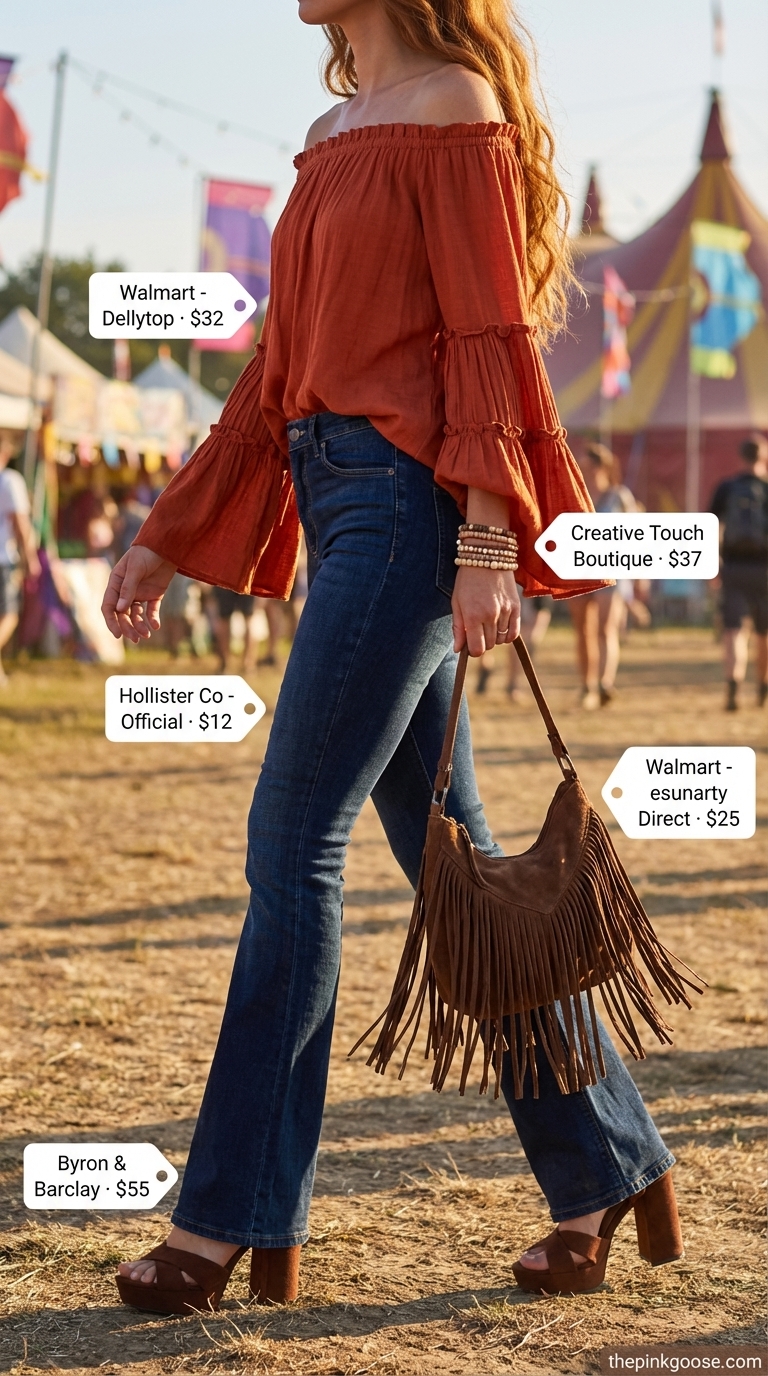 Rust orange off-shoulder peasant top with dark wash flare jeans and suede platform sandals for summer off-shoulder outfits for women 2026.