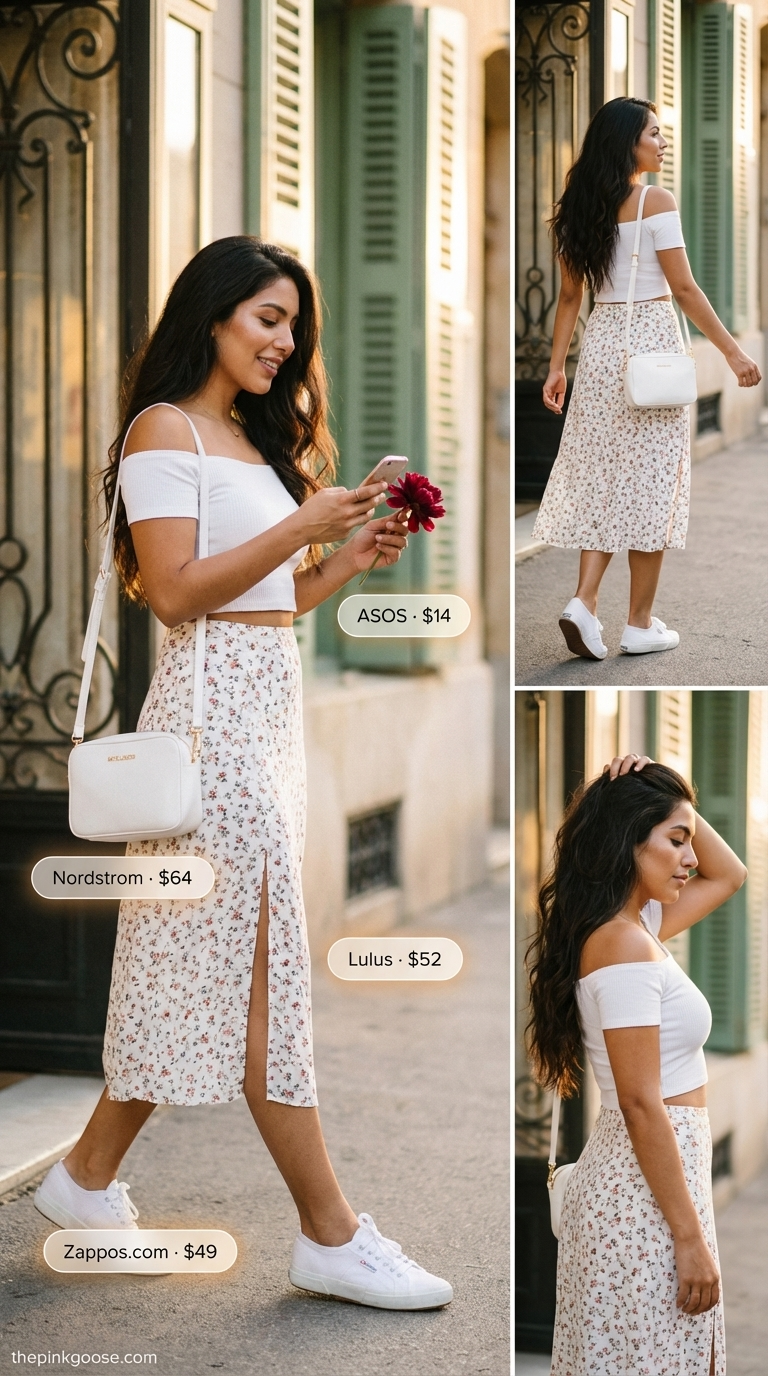Soft yellow off-shoulder ribbed knit crop top with a white floral midi skirt and white sneakers for summer off-shoulder outfits for women 2026.
