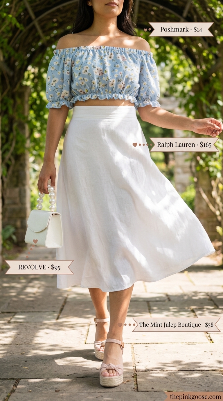 Light blue and white floral off-shoulder ruffled crop top with white linen midi skirt, blush espadrilles, and pearl drop earrings for summer off-shoulder outfits for women 2026.