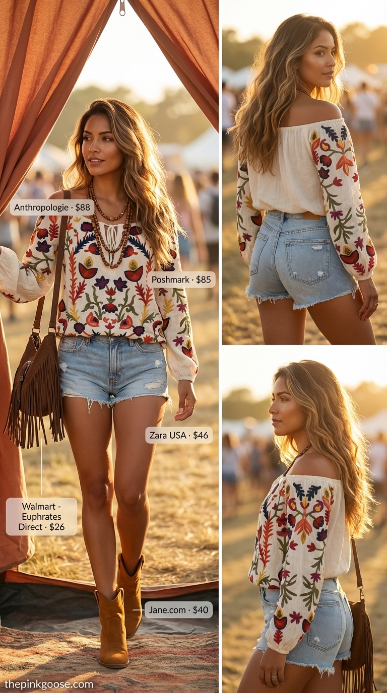 Embroidered cream with rust off-shoulder peasant top, distressed denim shorts, suede ankle boots, and layered beaded necklaces for summer off-shoulder outfits for women 2026.