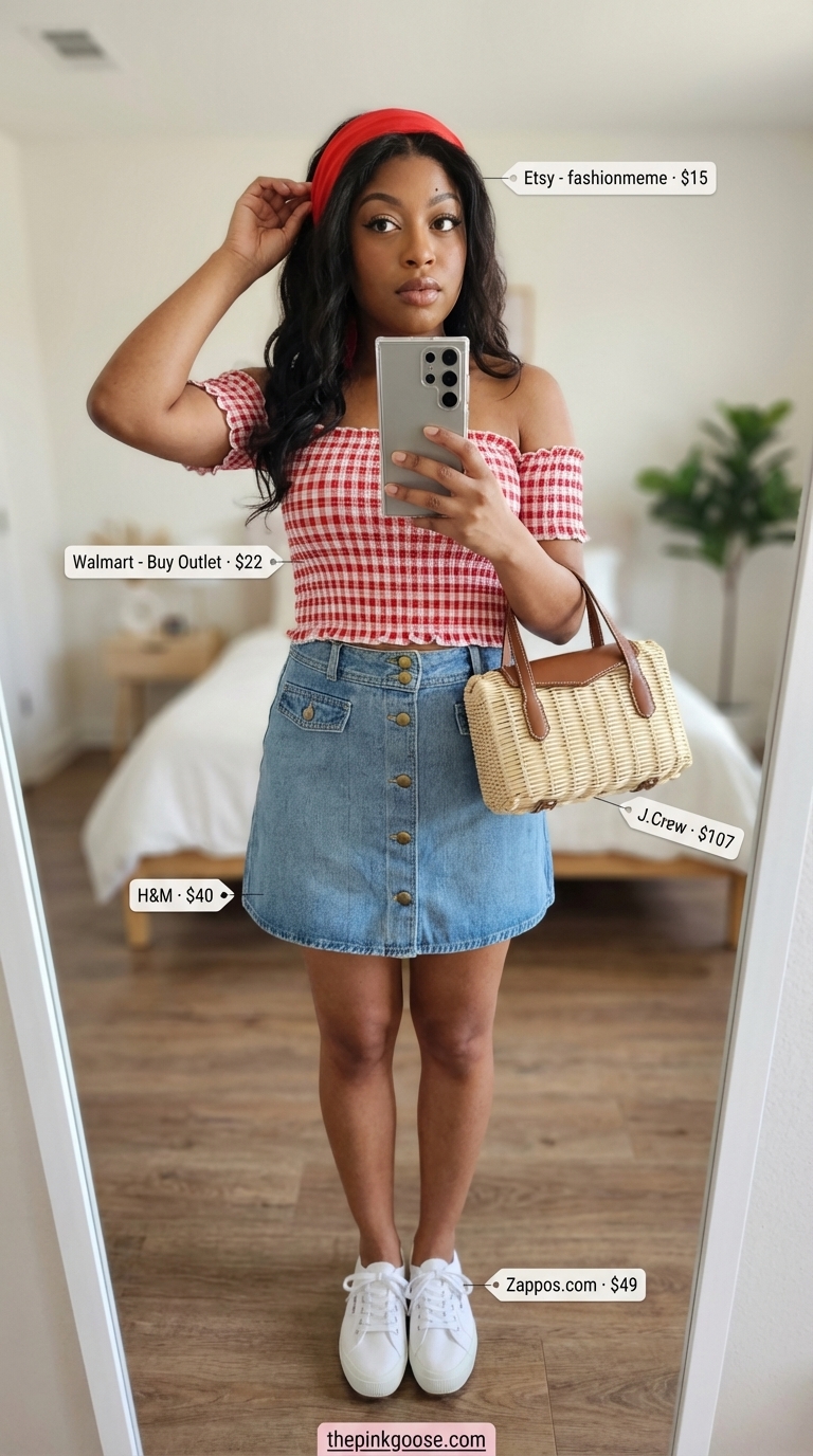Red gingham off-shoulder crop top with denim mini skirt, white sneakers, and a red bandana for summer off-shoulder outfits for women 2026.