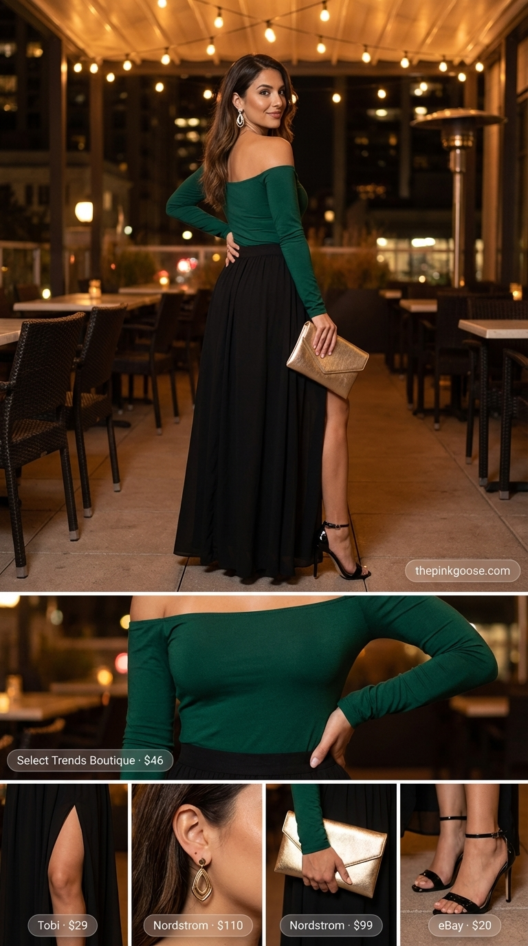 Glamorous emerald green off-shoulder long-sleeve bodysuit with a black maxi skirt, perfect for sultry summer off-shoulder outfits for women 2026. Accessorized with a gold clutch and strappy stilettos for a date night.