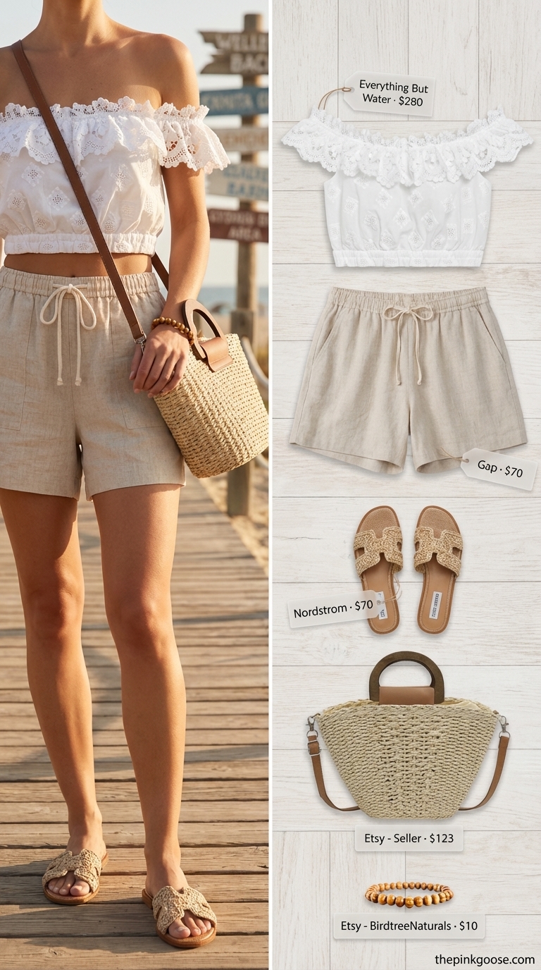 Effortless white cotton eyelet off-shoulder top with beige linen shorts, ideal for summer off-shoulder outfits for women 2026. Styled with a straw crossbody and wooden bracelets for a relaxed beach day.