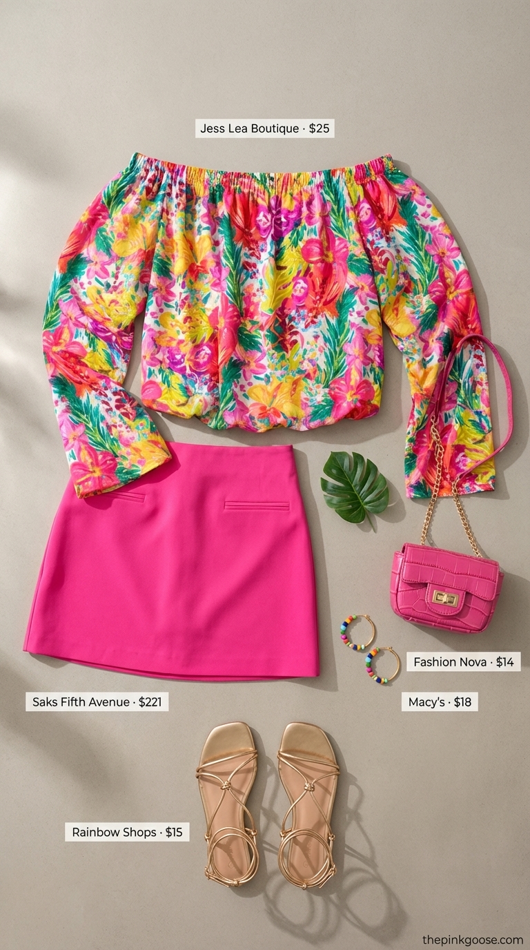 Vibrant tropical floral off-shoulder crop top with a hot pink A-line mini skirt, a playful option for summer off-shoulder outfits for women 2026. Styled with strappy sandals and colorful hoop earrings for a tropical escape.