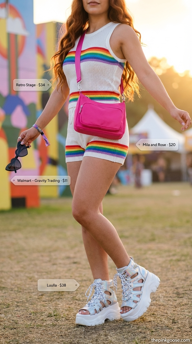 A joyful rainbow stripe crop top and shorts set with chunky platform sneakers and a neon pink bag, creating a vibrant summer rave outfit for women 2026.