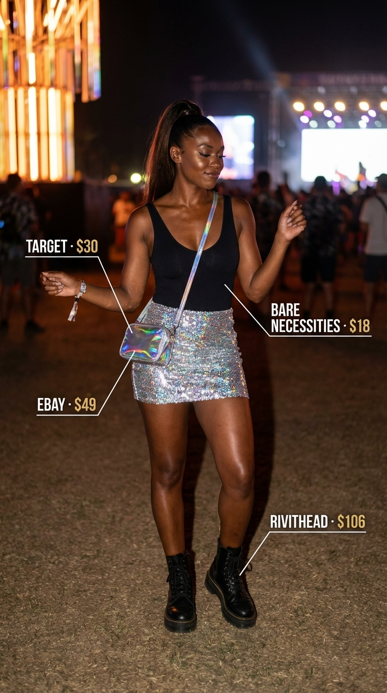 A dazzling silver sequin mini skirt paired with a black seamless bodysuit, holographic bag, and platform combat boots for a glamorous summer rave outfit for women 2026.
