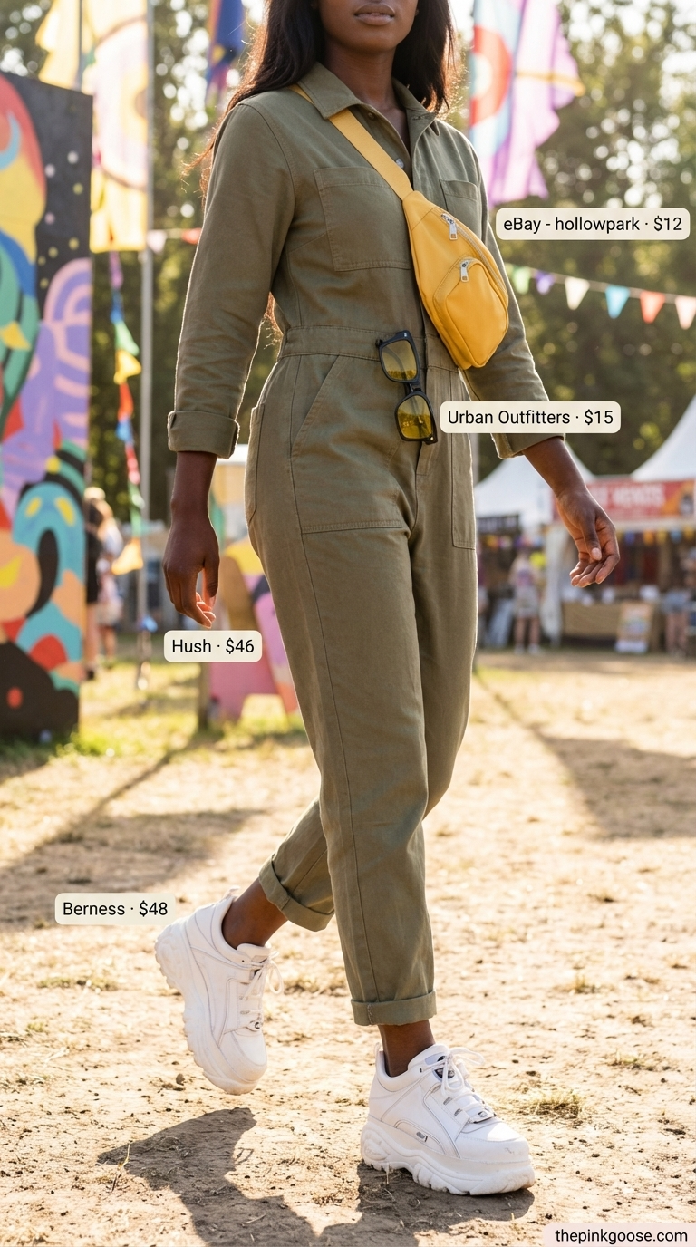 Khaki utility jumpsuit, white platform sneakers, and a yellow fanny pack create a practical yet playful summer rave outfit for women 2026. Perfect for an all-day festival look.