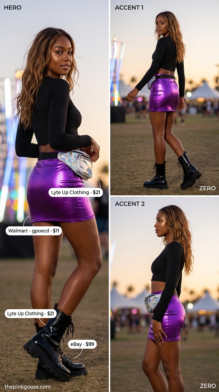 A futuristic metallic purple mini skirt, black mesh star print crop top, holographic fanny pack, and chunky platform boots for a bold summer rave outfit for women 2026.