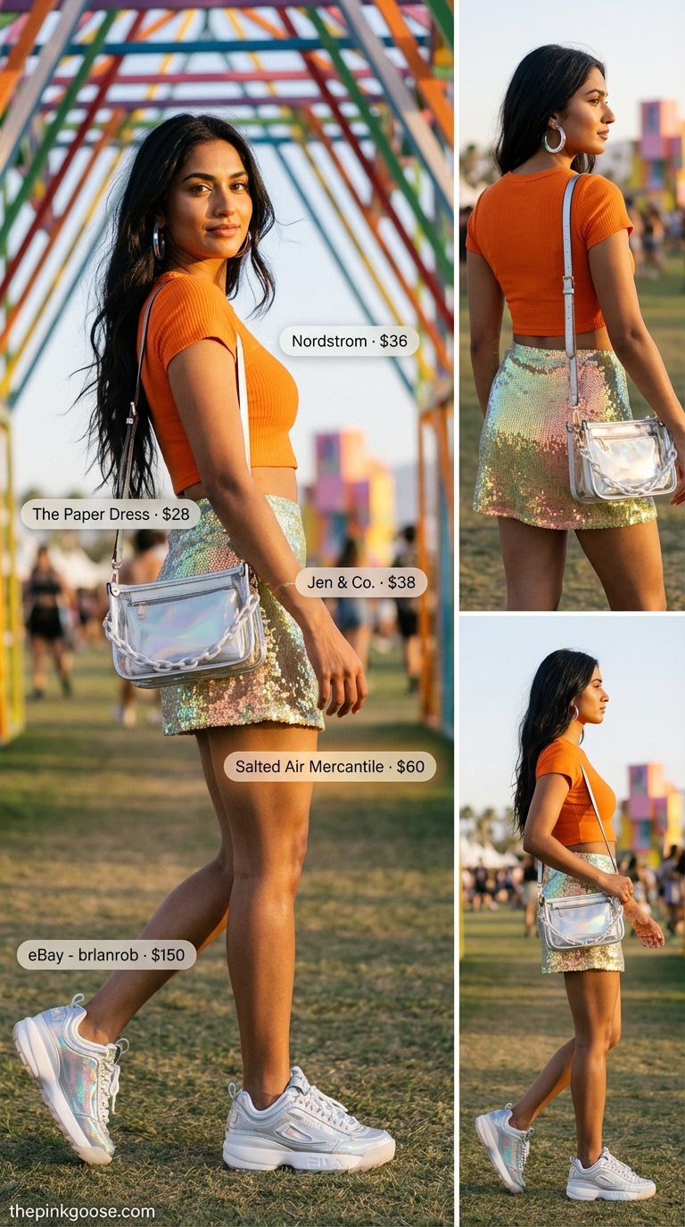 Glamorous orange sequin mini skirt with a white ribbed crop top and iridescent platform sneakers for a vibrant summer rave outfit for women 2026, ideal for dancing.