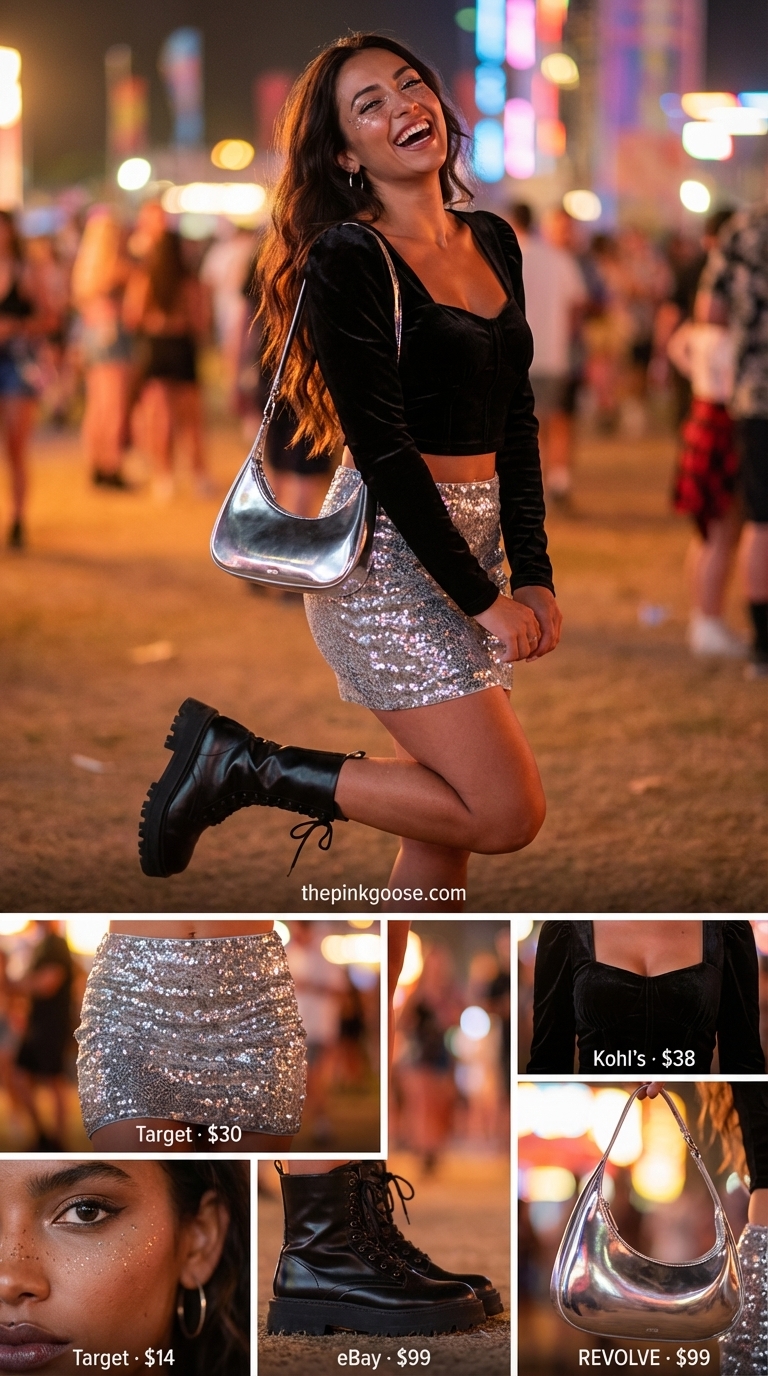 Glamorous silver sequin bodycon mini skirt paired with a black velvet crop top and chunky platform boots for a sparkling summer rave outfit for women 2026.