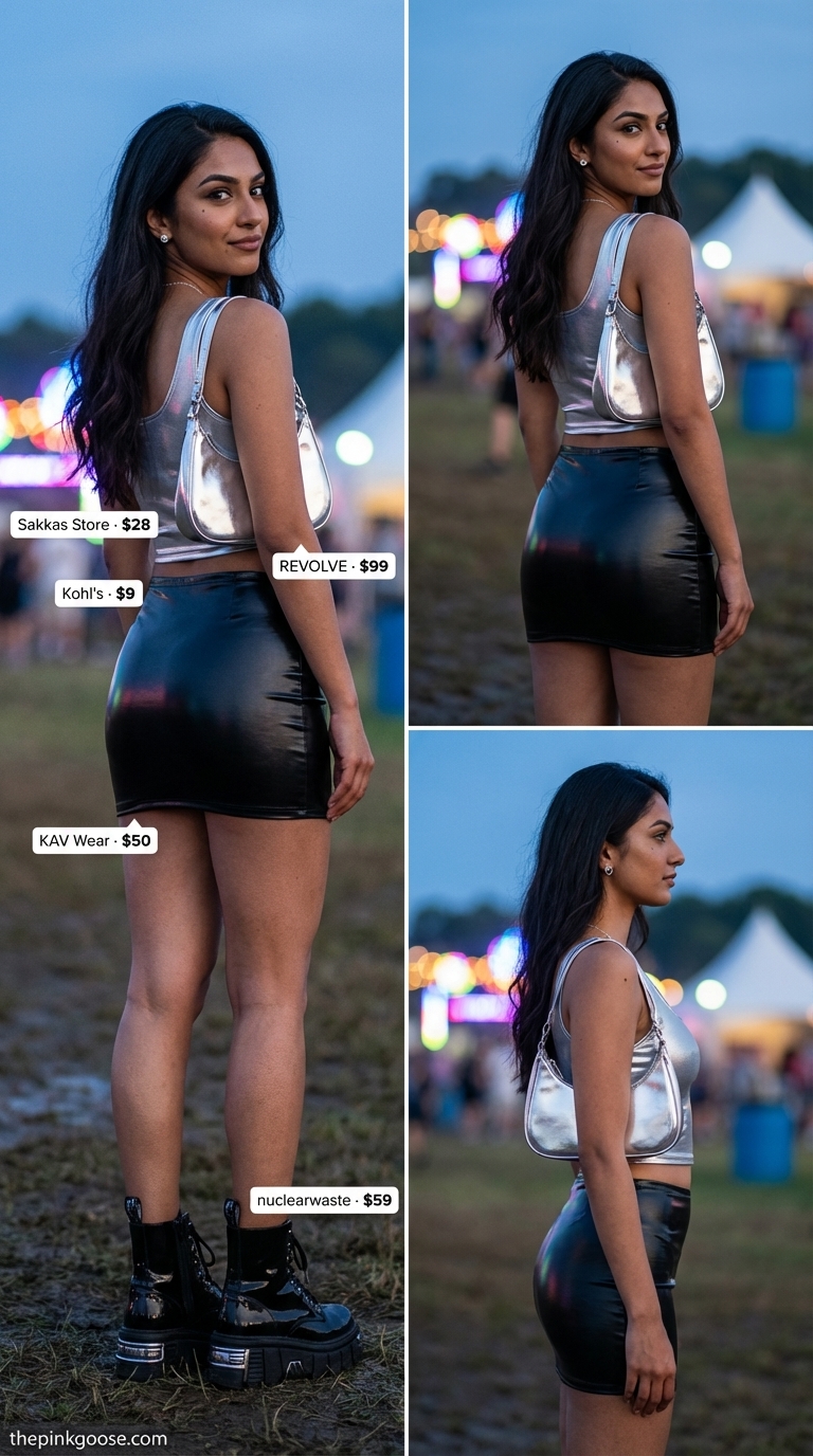 Sleek silver reflective cropped tank top with a black wet-look bodycon mini skirt and black patent combat boots for an edgy summer rave outfit for women 2026.