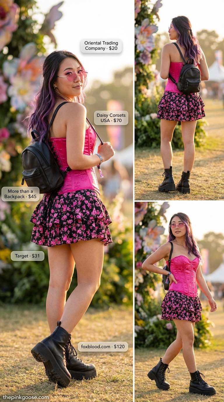 A playful summer rave outfit for women 2026 featuring a vibrant pink floral A-line mini skirt, a hot pink satin boned corset top, and black chunky platform boots, perfect for a lively outdoor music festival.