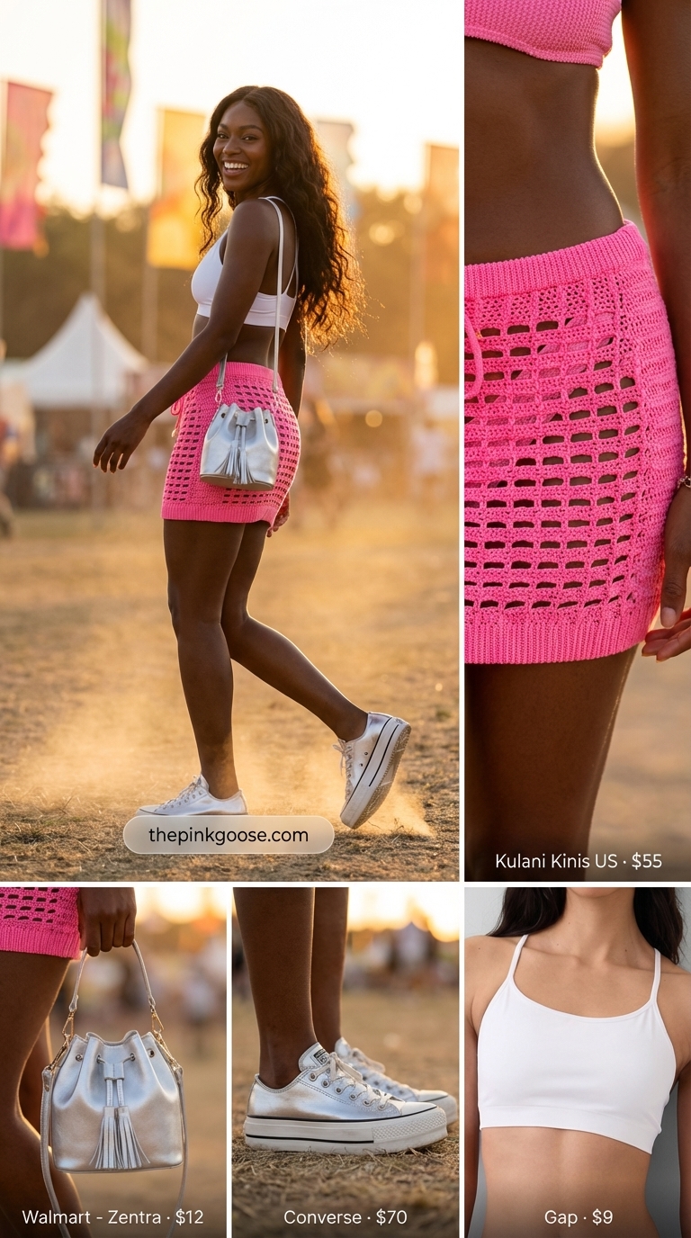 Vibrant neon pink crochet mini skirt with fringe details, a white bralette, and metallic platform sneakers for a playful summer rave outfit for women 2026.