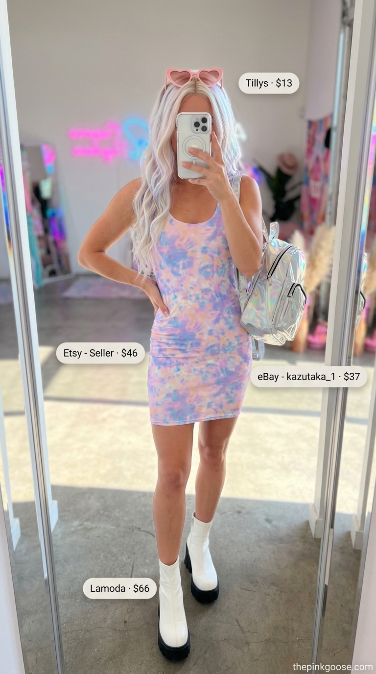 Whimsical pastel tie-dye bodycon mini dress, white platform boots, and heart-shaped sunglasses create a playful summer rave outfit for women 2026.