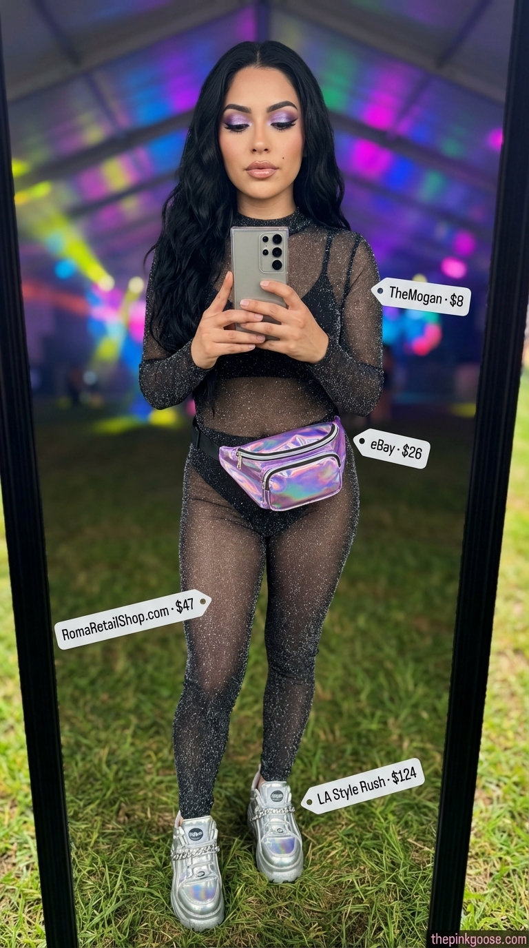Magical black wide-leg glitter mesh jumpsuit layered over a bandeau top, paired with metallic platform sneakers and an iridescent belt bag for a summer rave outfit for women 2026.