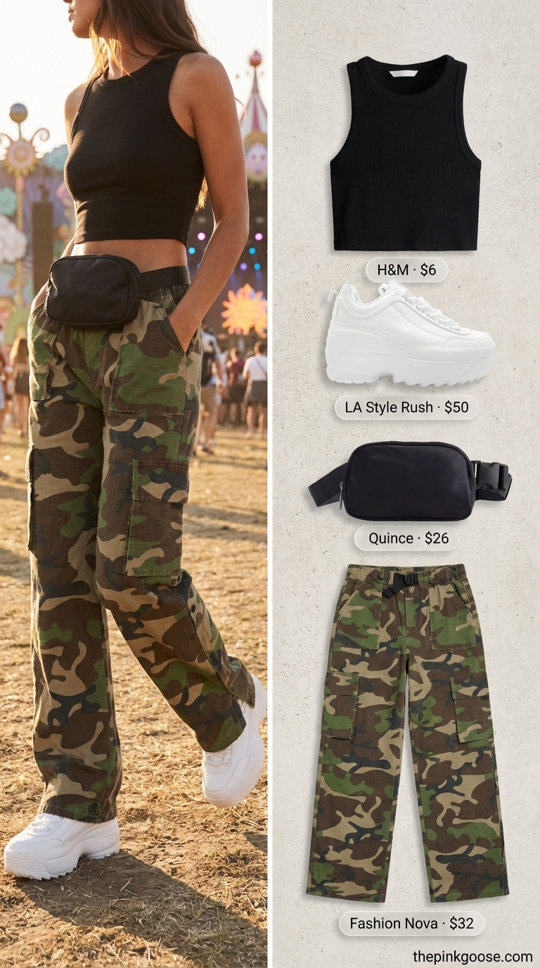 Utilitarian camo print cargo pants paired with a black ribbed crop top and chunky white platform sneakers for an edgy summer rave outfit for women 2026.