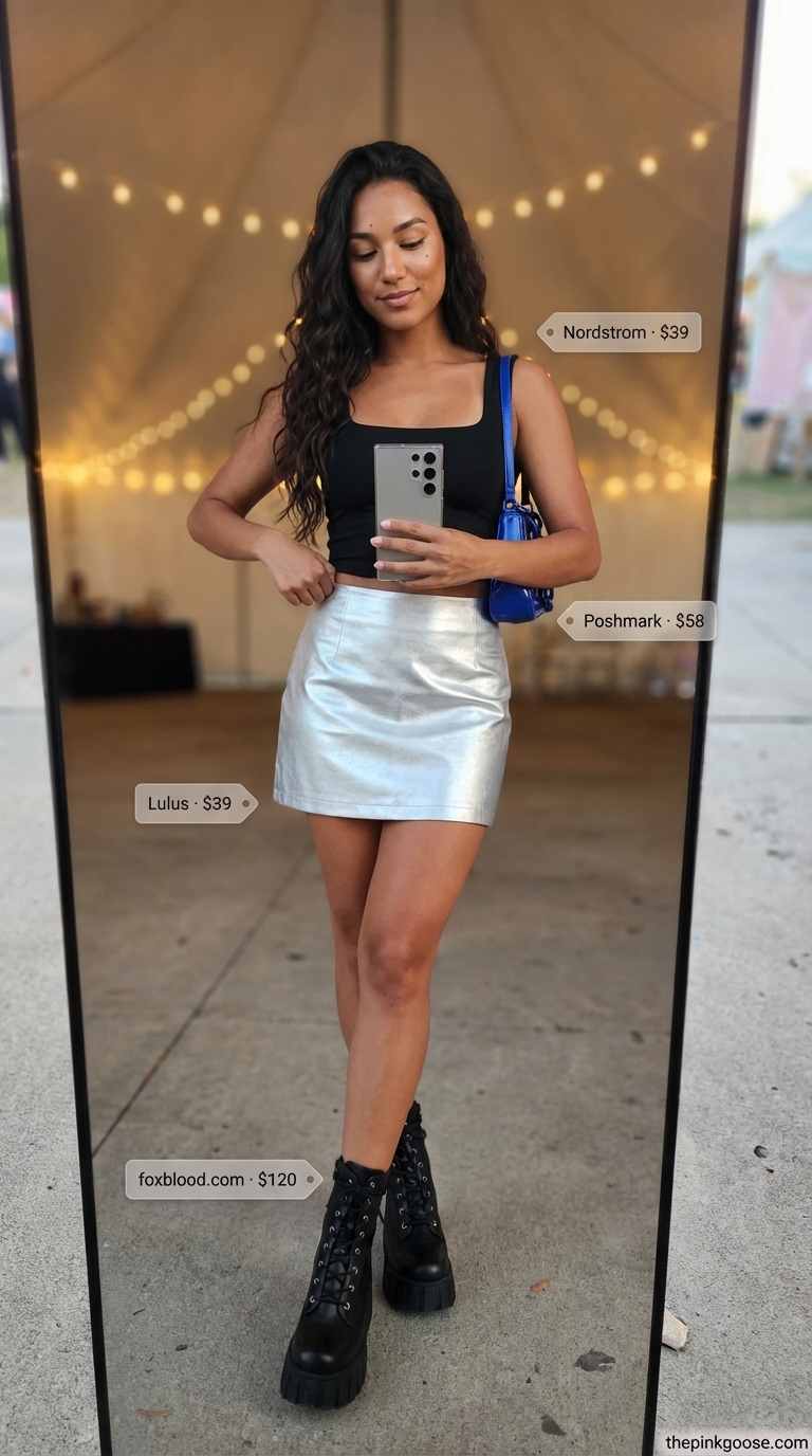Futuristic summer rave outfit for women 2026 featuring a metallic silver mini skirt, black sleeveless crop top, and chunky platform ankle boots. Bold festival fashion with an electric blue mini shoulder bag for a night out or club event.