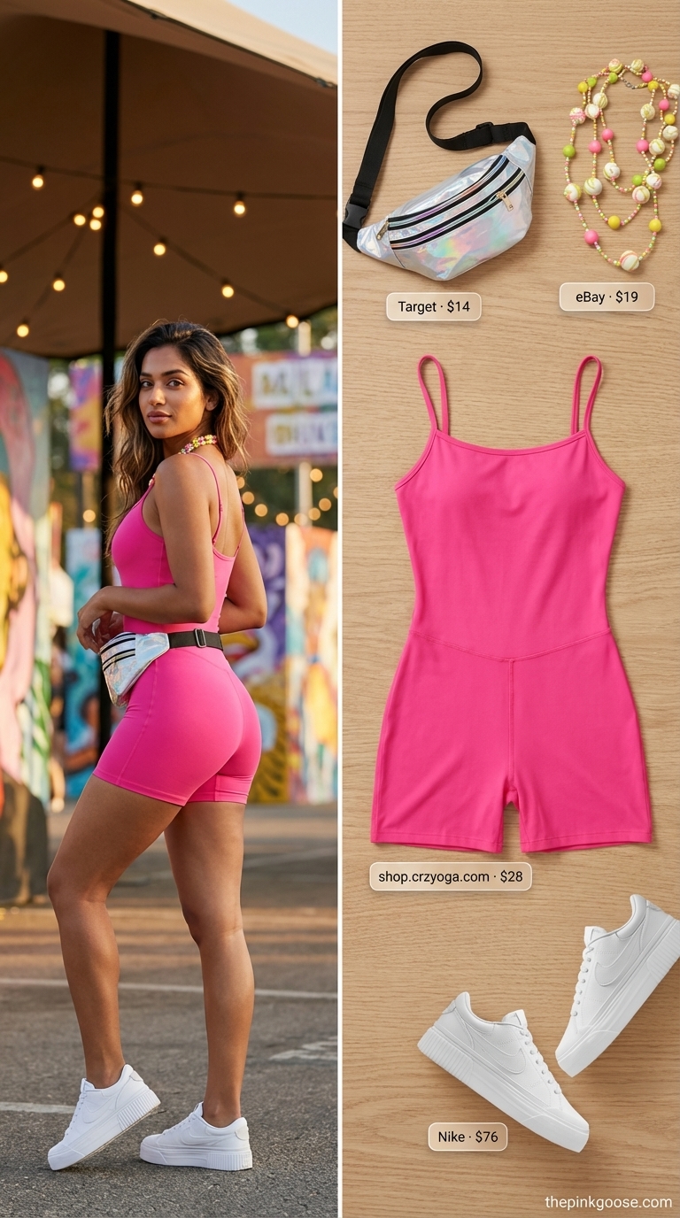 Playful summer rave outfit for women 2026: a neon pink activewear romper, white platform sneakers, and a holographic fanny pack. Energetic festival fashion with a colorful chunky bead necklace for a day event.
