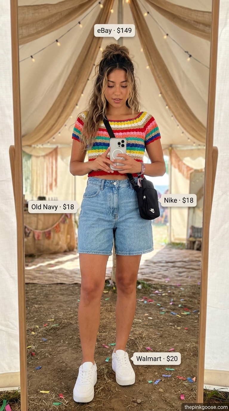 Chromatic sunset summer rave outfit for women 2026 with a rainbow striped crochet crop top, high-waisted black denim shorts, and platform white sneakers. Vibrant festival fashion with a small black crossbody bag for a casual beach party.
