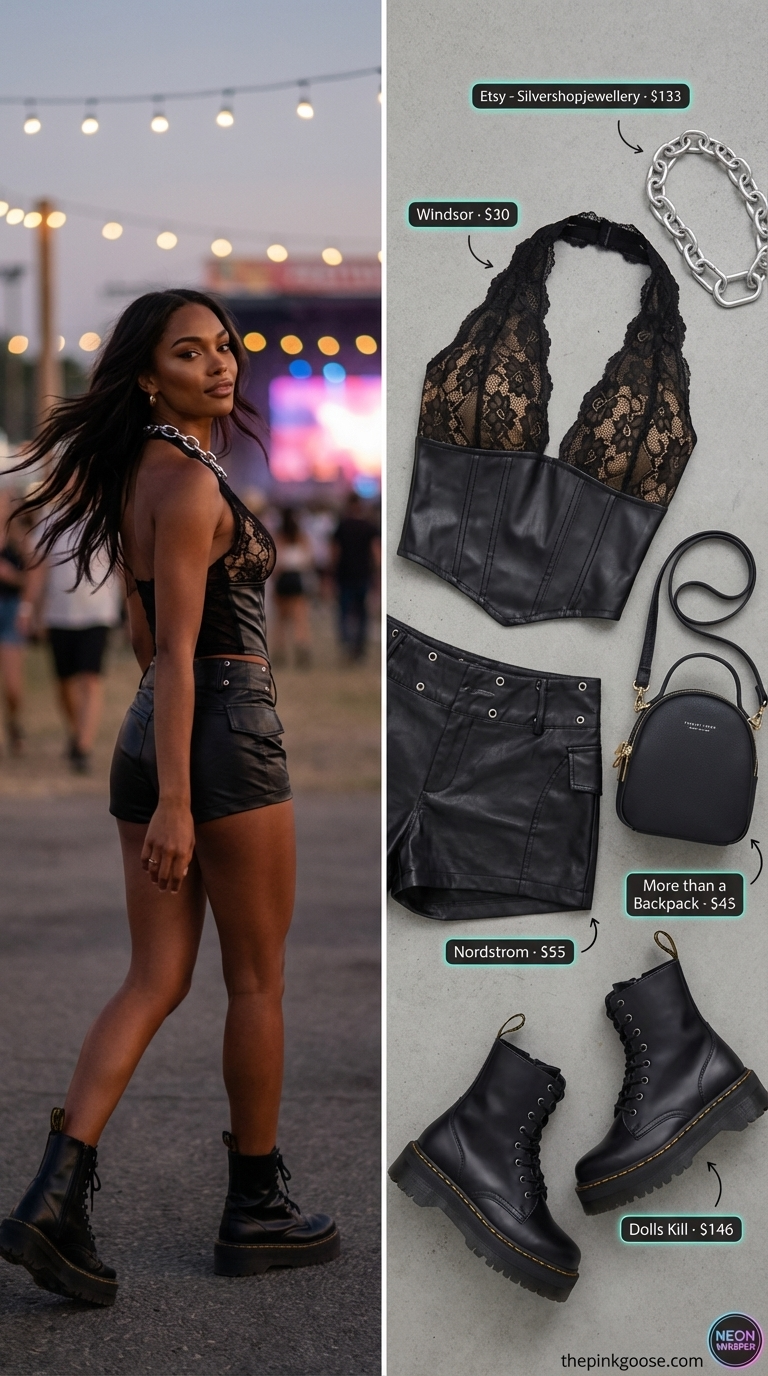 Gothic rave outfit for women 2026 featuring a black lace-up corset top, high-waisted faux leather shorts, and platform combat boots. Edgy summer rave fashion with deep purple accents and silver hardware for a nightclub or themed party.
