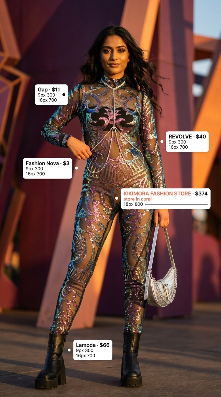 Glamorous summer rave outfit for women 2026: an iridescent glitter mesh bodycon jumpsuit with a black bandeau, white platform ankle boots, and a matching metallic mini bag. Sparkly festival fashion for a confident nightclub look.