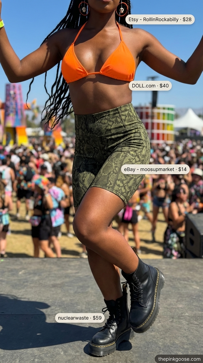 Bold summer rave outfit for women 2026: a neon orange bikini top, green snake print biker shorts, black sheer mesh top, and platform combat boots. Energetic festival fashion with statement hoop earrings for a pool party.