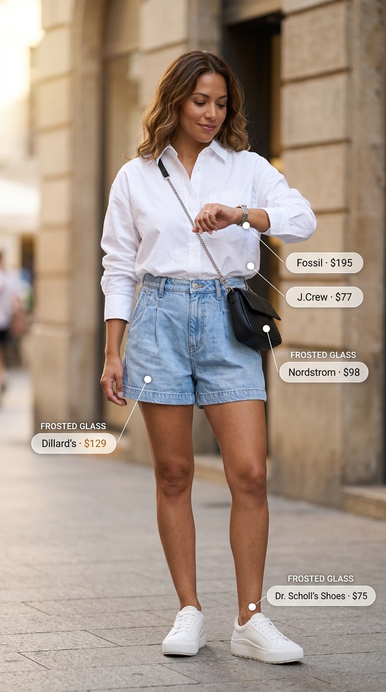 Urban chic white oversized button-down, light wash denim shorts, white sneakers, and a black crossbody for summer outfits for women over 30 2026.