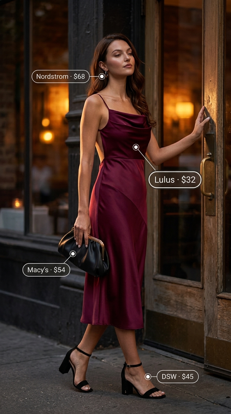 Sophisticated burgundy satin midi slip dress, perfect for summer outfits for women over 30 2026. Styled with black block heels, a clutch, and dainty gold hoops for a date night or dinner.