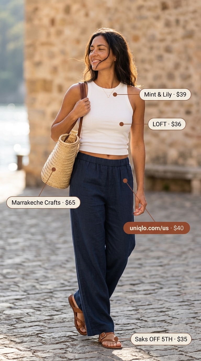 Relaxed navy wide-leg linen pants, optic white ribbed tank, tan leather slides, and a straw tote for summer outfits for women over 30 2026.