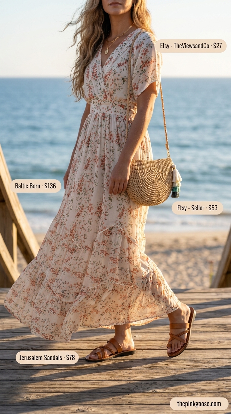 A relaxed terracotta and cream tiered maxi dress with slide sandals, ideal summer outfits for women over 30 2026 for a bohemian beachside brunch.