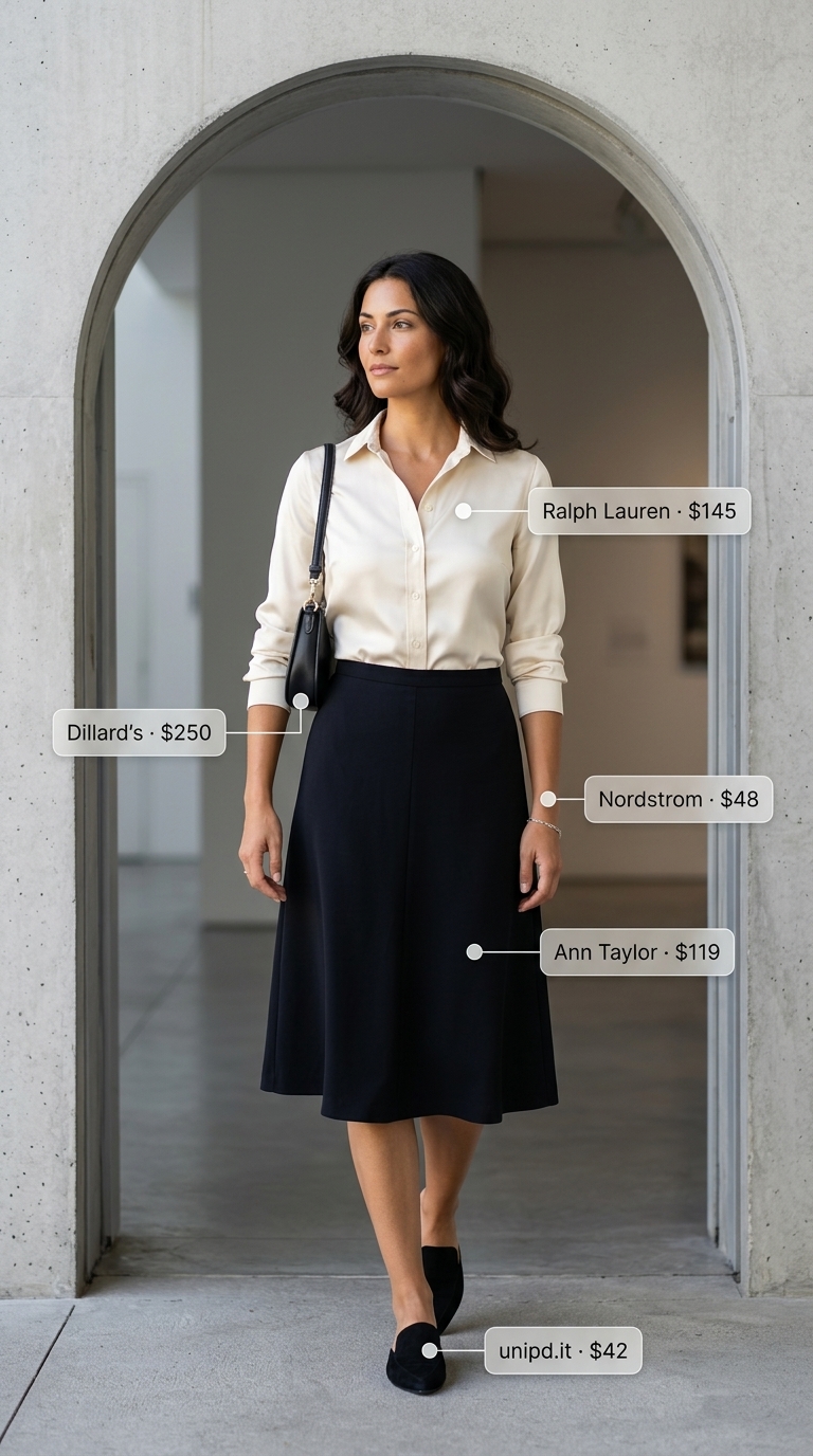 A sophisticated black A-line midi skirt with a cream silk button-down shirt, creating polished summer outfits for women over 30 2026 for an art gallery afternoon.