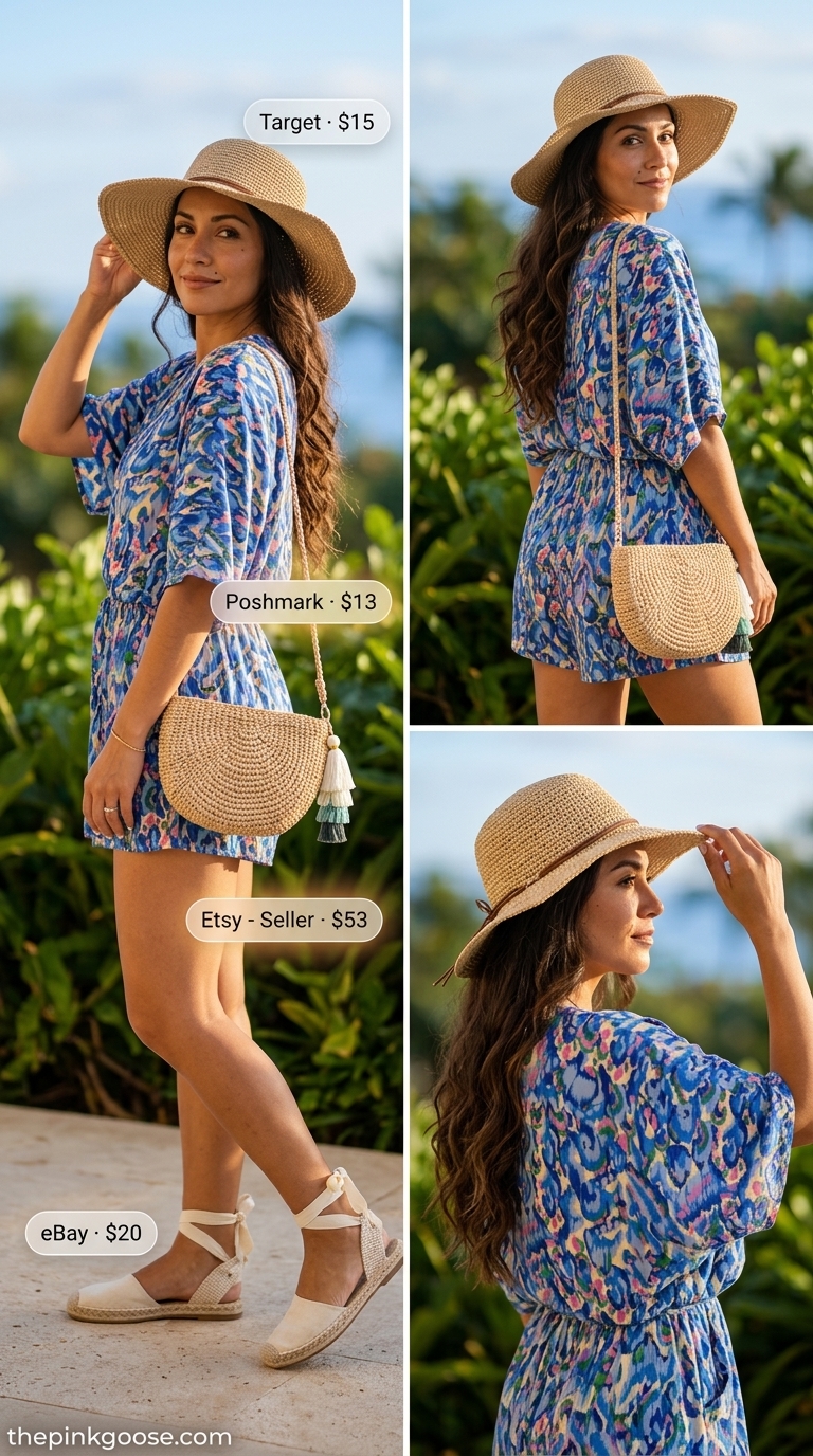 A playful sky blue and coral romper with a straw hat and bag, perfect summer outfits for women over 30 2026 for a beach club vacation.