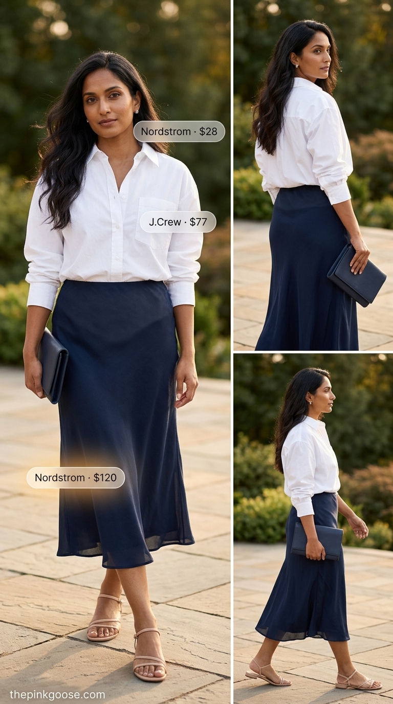 Polished white button-down, navy linen midi skirt, silver low block heels, and a navy shoulder bag for sleek summer outfits for women over 30 2026.