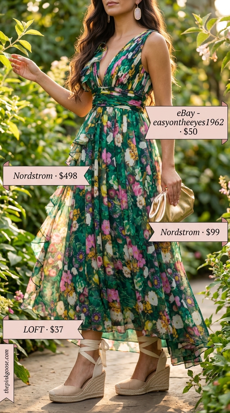 An elegant emerald green and fuchsia floral maxi dress with nude wedges, perfect summer outfits for women over 30 2026 for a garden party.